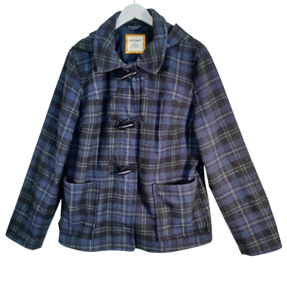 Old Navy Plaid Pea Coat‎ Hooded Jacket Wool Blend Womens X Large